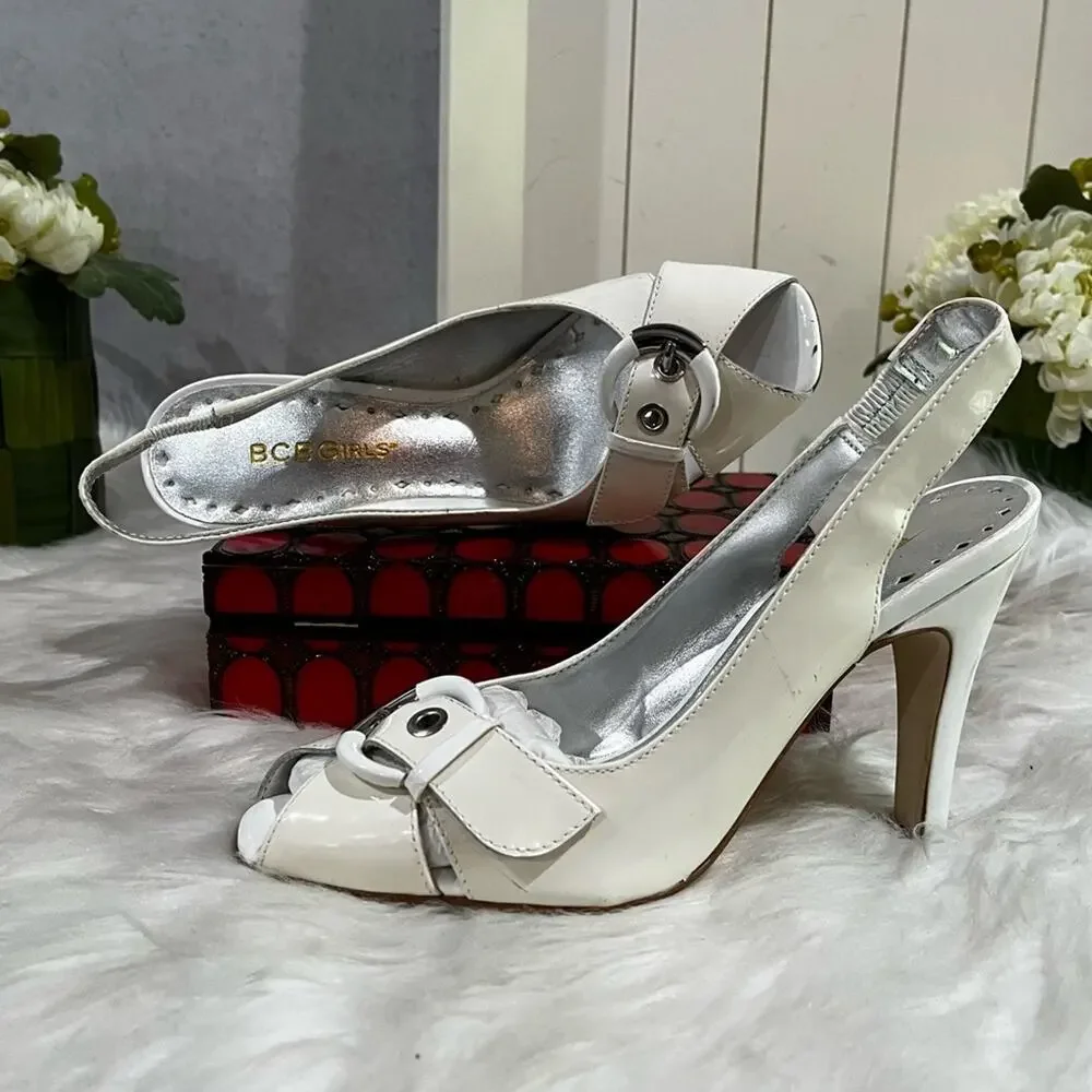 NEW BCBG Girls Patent Leather Buckle Peep Toe Slingback Heels White 36 6 AS IS